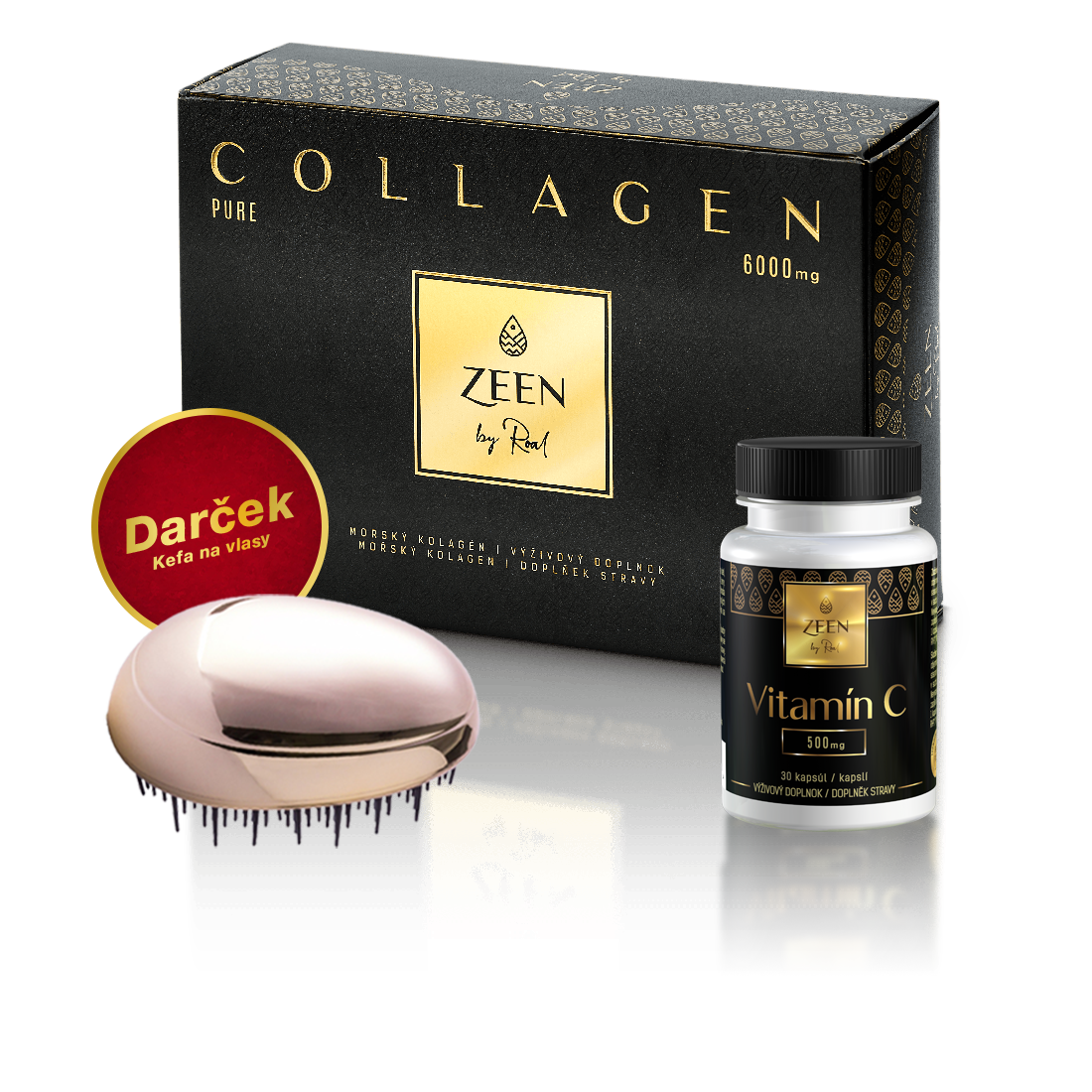 E-shop Zeen Collagen Pure, Prášok 6000 mg + darček 1x Vitamín C + Kefa na vlasy