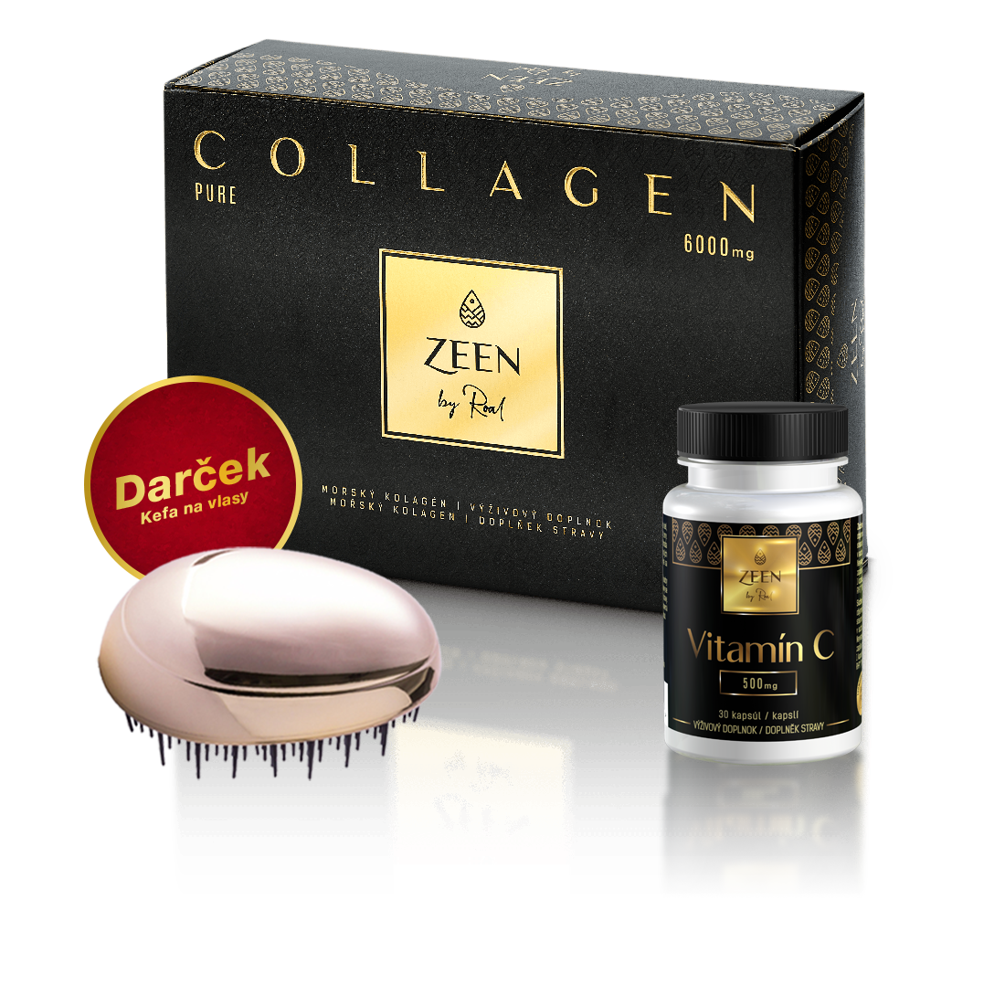 Zeen Collagen Pure, Prášok 6000 mg + darček 1x Vitamín C + Kefa na vlasy